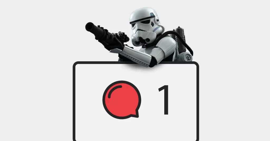 Clone Troopers de Star Wars a cubierto detrás de una notificación de comentario. Sátira